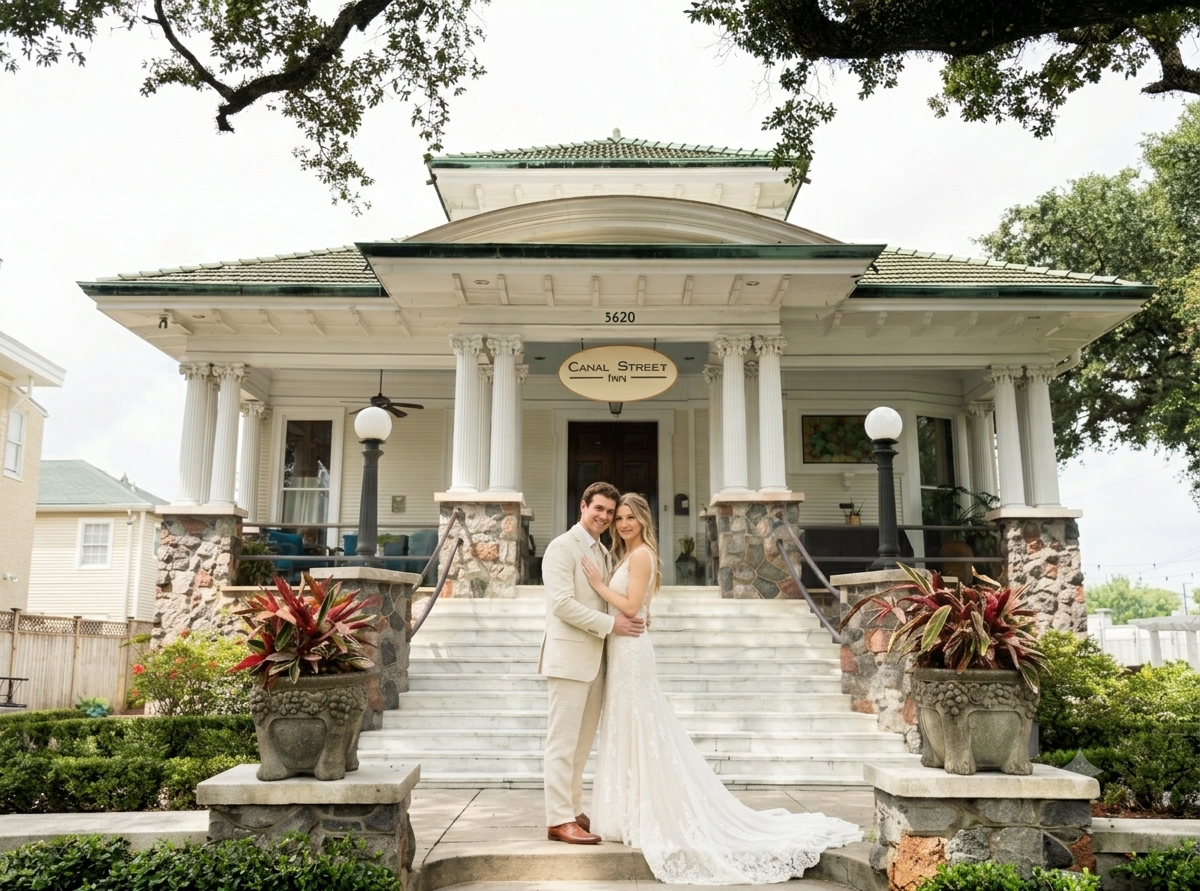 Bride and groom on the steps of Canal Street Inn, a historic New Orleans wedding venue