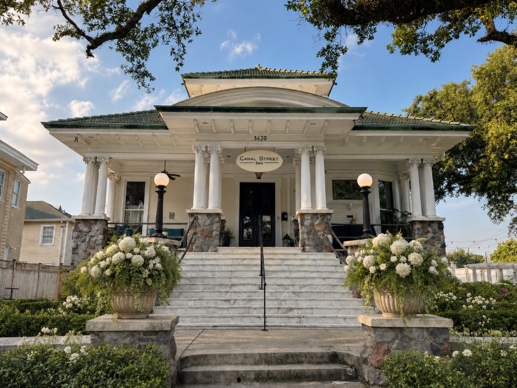 Canal Street Inn — a white Greek Revival mansion with tall columns, stone porch, and gardens of live oaks