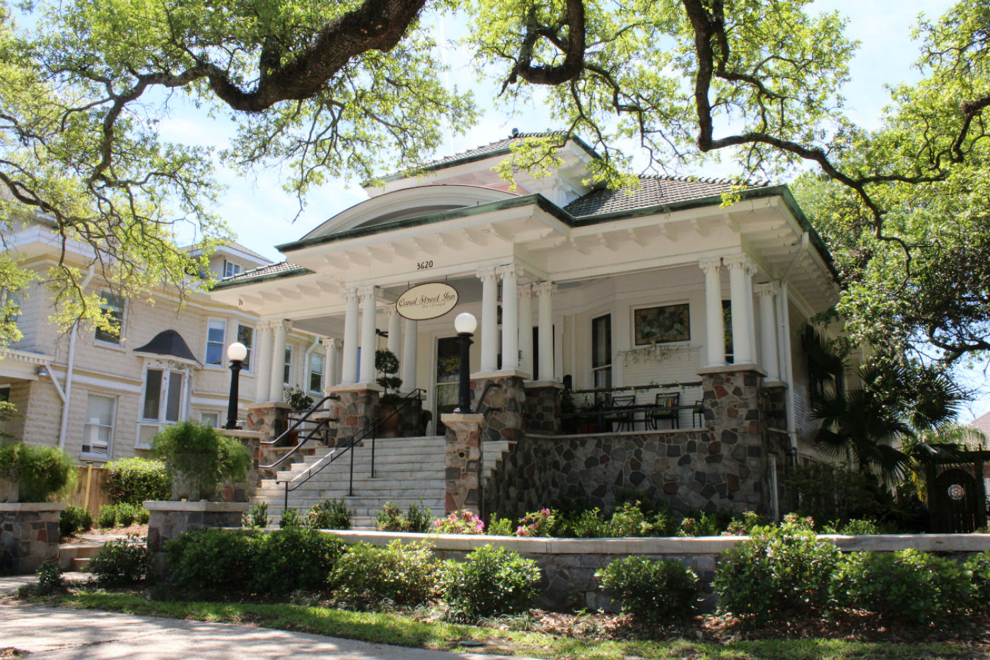 Canal Street Inn historic facade and front porch at 3620 Canal Street in New Orleans